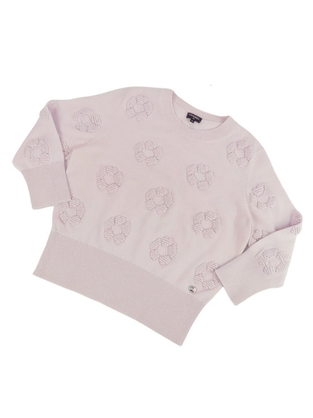 Chanel Knit Pink Cashmere Floral Pattern Top Sweater 38